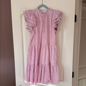 Chic Pink Midi Dress with Ruffle Sleeves